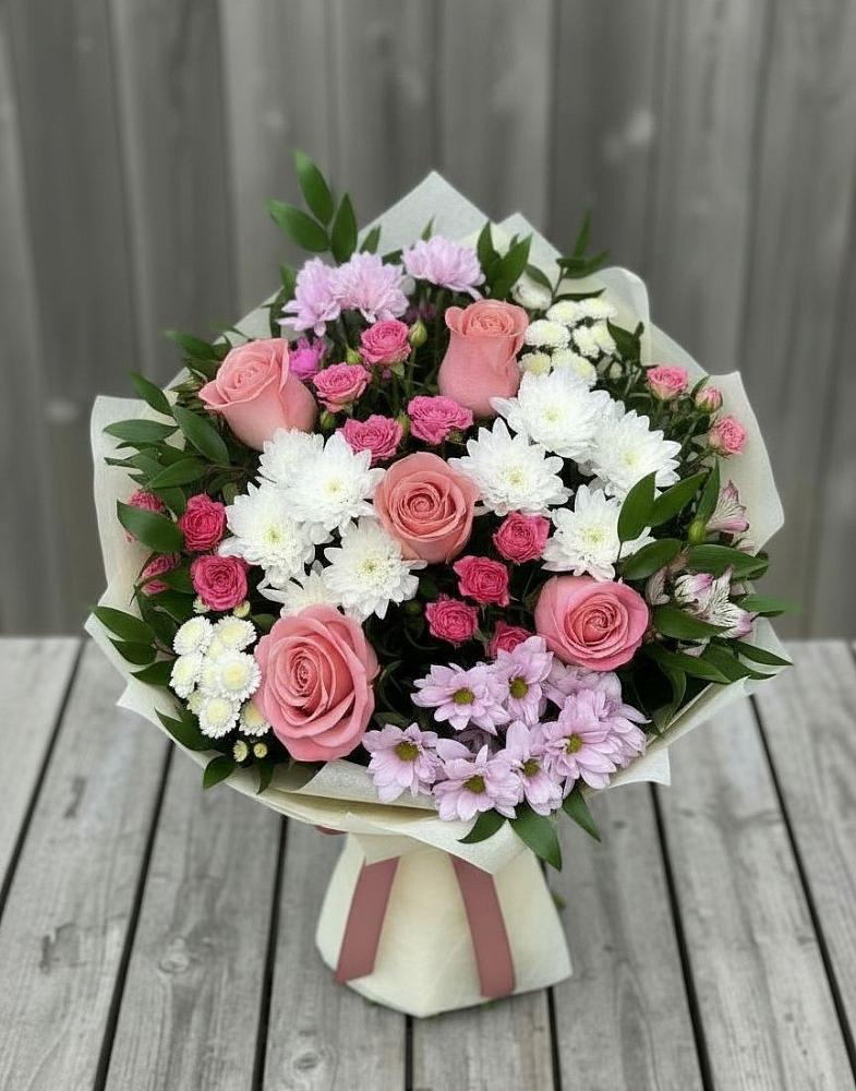 Букет цветов из: Альстромерии, Гвоздики, Розы и Хризантемы в Обушково