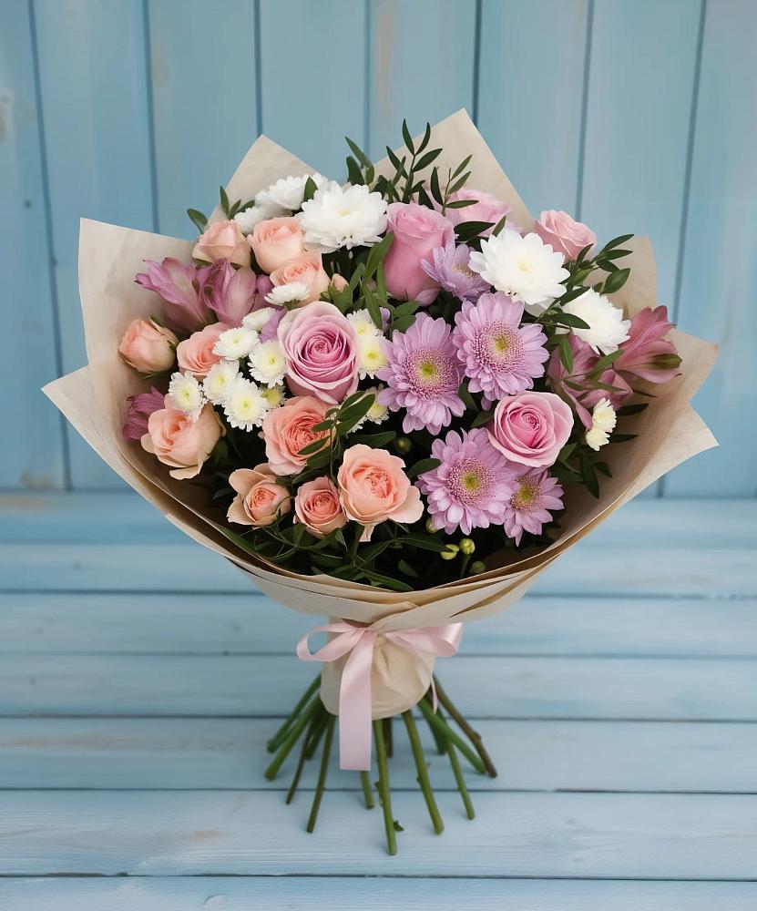Букет цветов из: Хризантемы, Розы и Альстромерии в Обушково