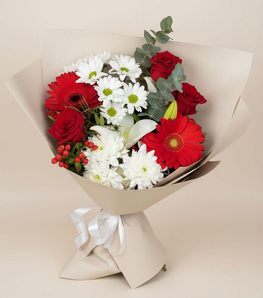 Букет цветов из: Розы, Хризантемы, Герберы и Лилии в Обушково