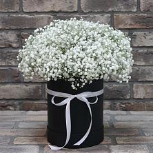 Цветочная композиция из Гипсофила в шляпной коробке в Обушково