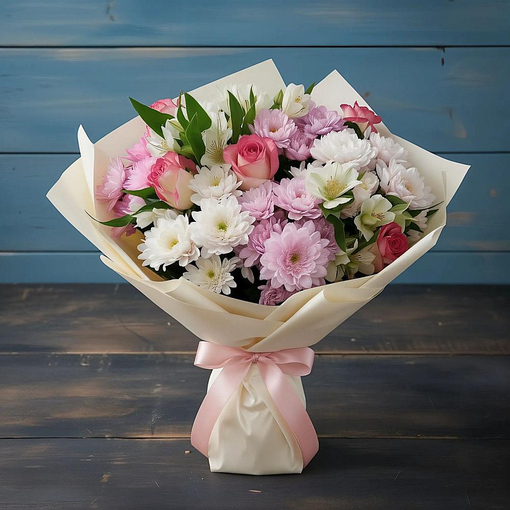 Букет цветов из: Хризантемы, Альстромерии и Розы в Обушково